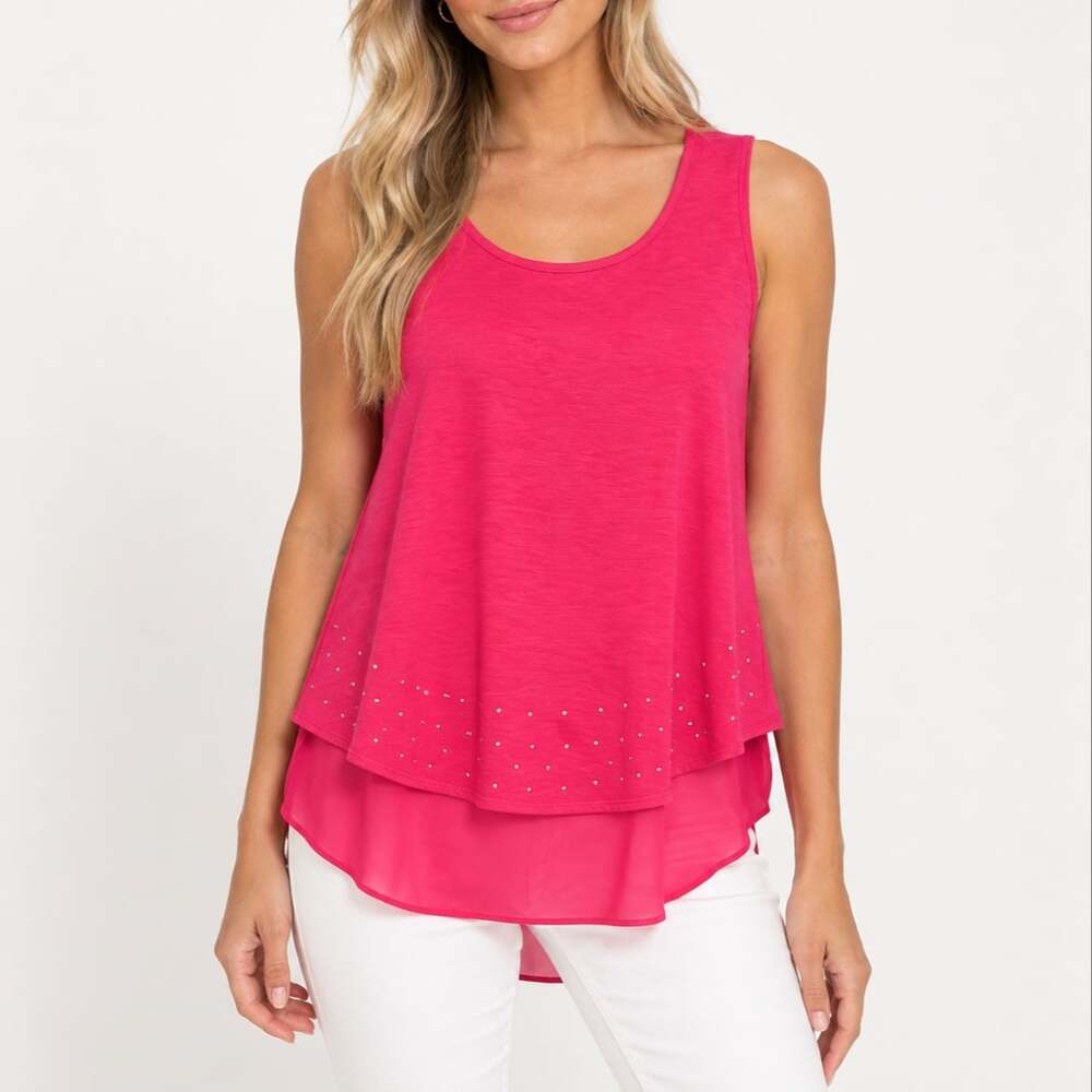 New Directions Pink Layered Rhinestone Hem Tank Top Sleeveless Tunic